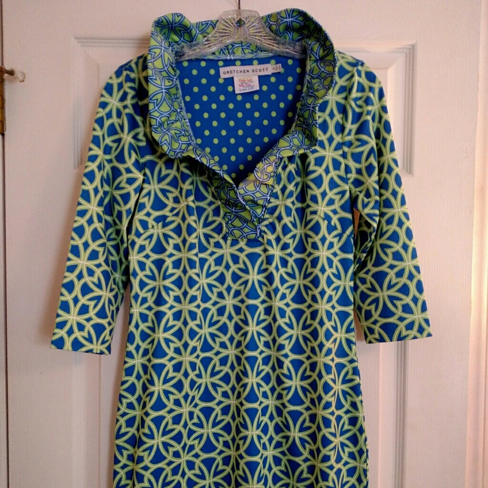 Gretchen Scott Geo Blue Green Ruffle Neck Dress Sm